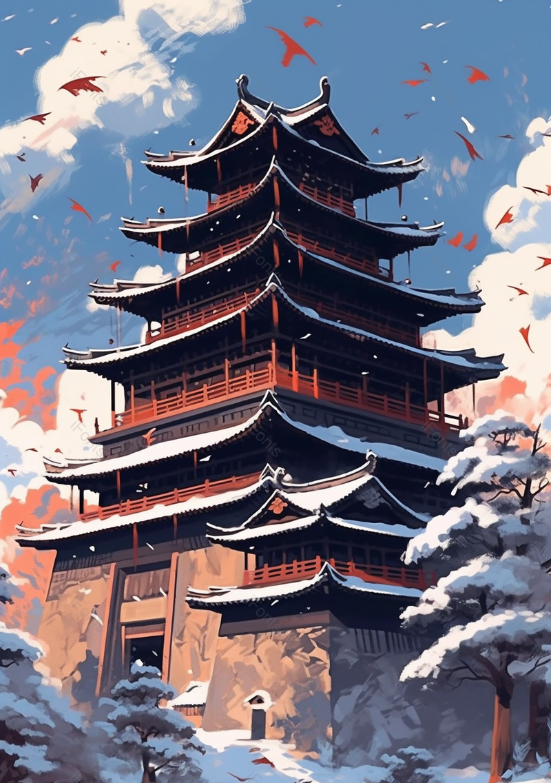 大寒寒冷下雪天城楼古代建筑飞鸟红色笔触唯美古典传统风景水墨插画,插画/手绘图,插画/手绘图库,插画/手绘图下载,插画/手绘